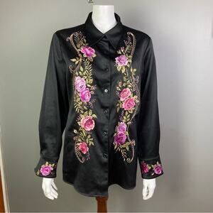 Victor Costa top blouse Medium M Button-Down Embroidered Floral Black Pink Satin